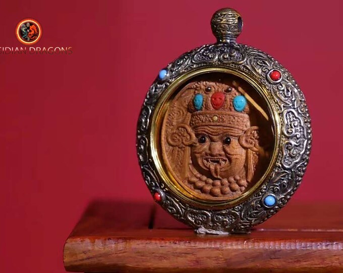 Pendant, Tibetan Buddhist amulet, deity Zakiram wealth and good fortune Exceptional sandalwood said Laoshan silver 925 turquoise