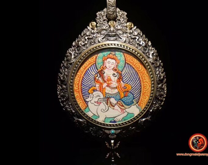 Amulette protection bouddhisme tibétain Samantabhadra argent 925. thangka peint à la main roue de la vie bouddhiste tournante au verso