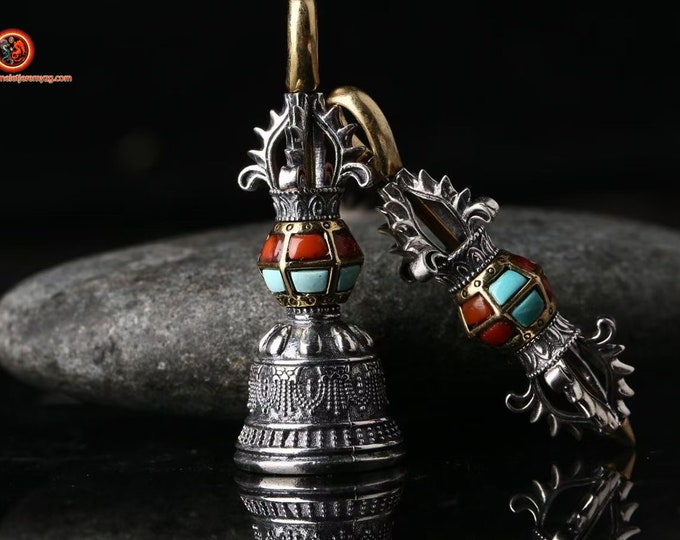 pendants, Vajrayana Buddhist protective amulets. vajra and/or bell. silver 925, turquoise copper agate nan hong. pair or piece.