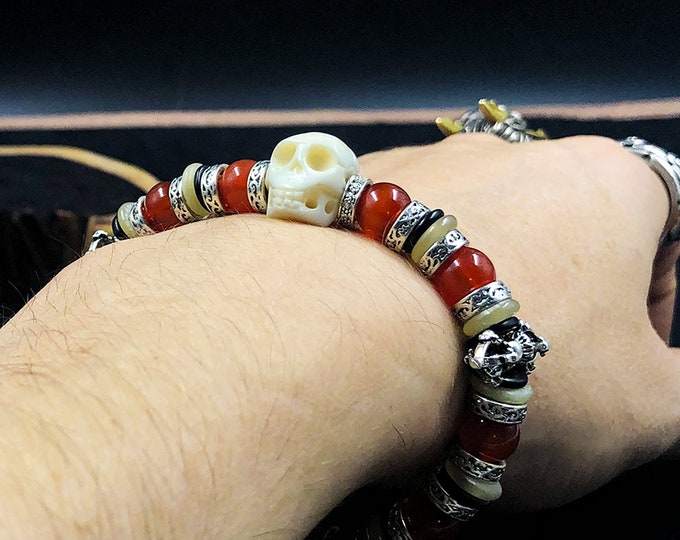 skull bracelet. yak bone, cornaline, silver 925. Phurba Ritual Blade and Double Dorje Tibetan Buddhism