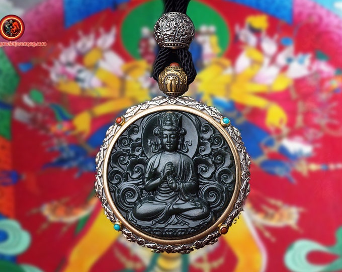 Amulet pendant Buddhist protection Buddha Vairocana jade silver 925 copper turquoise agate nan hong. mantra of compassion turning
