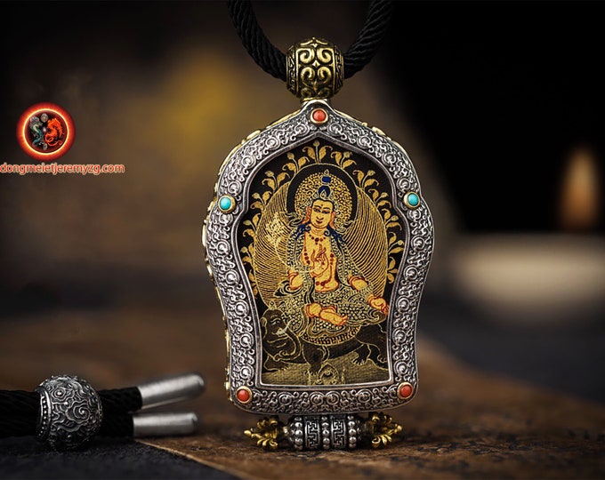 Ghau, amulette de bouddhisme tibétain Samantabhadra argent 925. thangka peint à la main roue de la vie bouddhiste tournante au verso