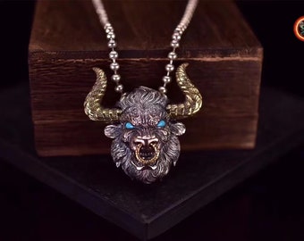 Buffalo bull head pendant Silver 925 punched, copper, Turquoise from Hubei province, appraised and all natural.