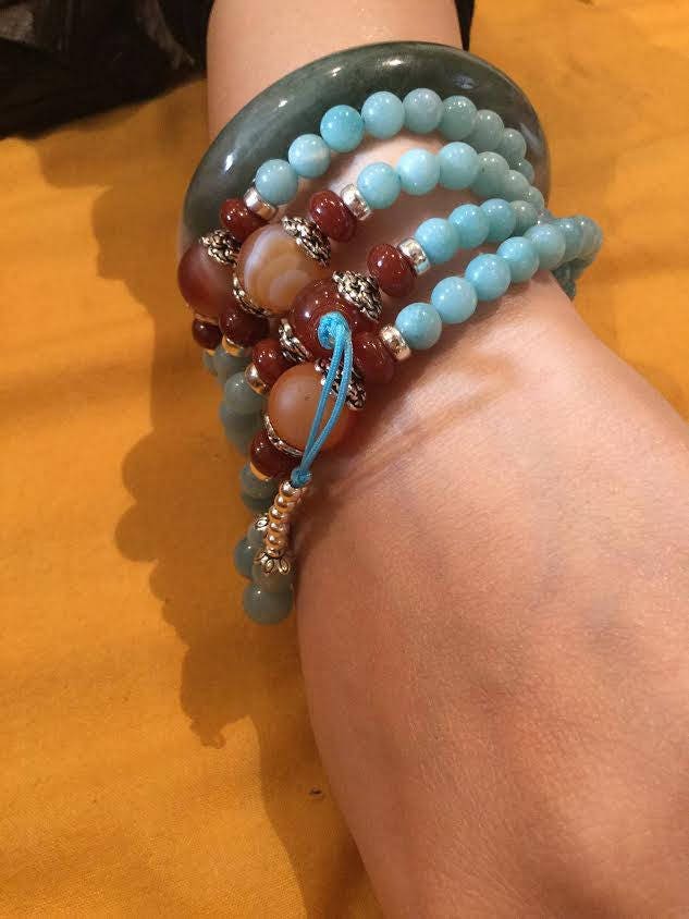 Mala, Chapelet Bouddhique en Amazonite Bleue d'asie Centrale, Cornaline et Agate Dépolie