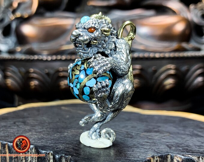 Pixiu pendant, dragon, feng shui protection. rotating pearl "om mani padme hum", silver 925, copper, turquoise, agate nan hong
