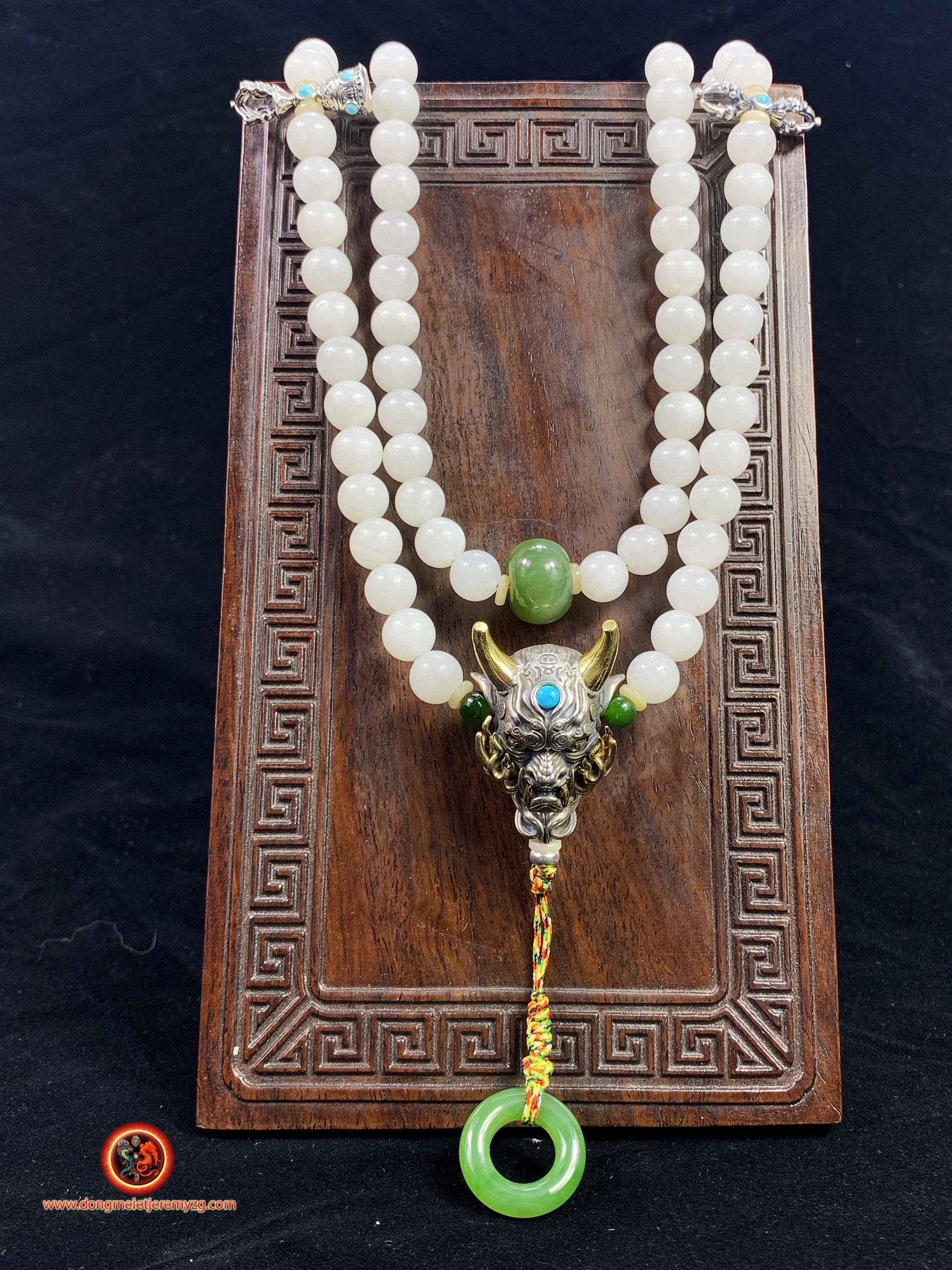 Mala Hannya Demon Japonais, Chapelet Bouddhiste. 108 Perles de Jade Blanc Grade A. Jade Polaire, Arg