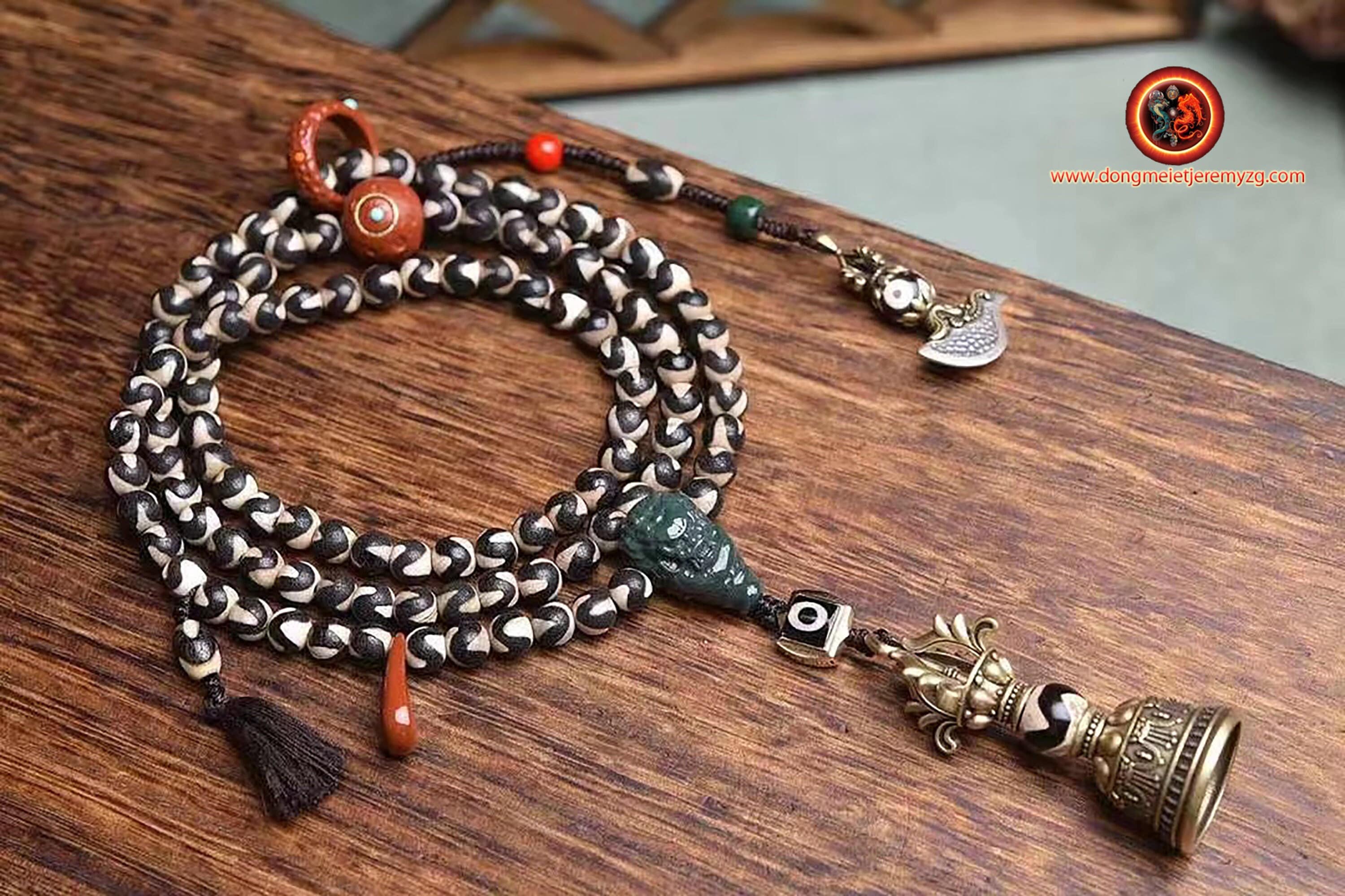 Mala, Chapelet Bouddhiste Tibétain, Mala 108 Perles, Agates Sacrées Tibétaines Dzi Dents de Tigre .