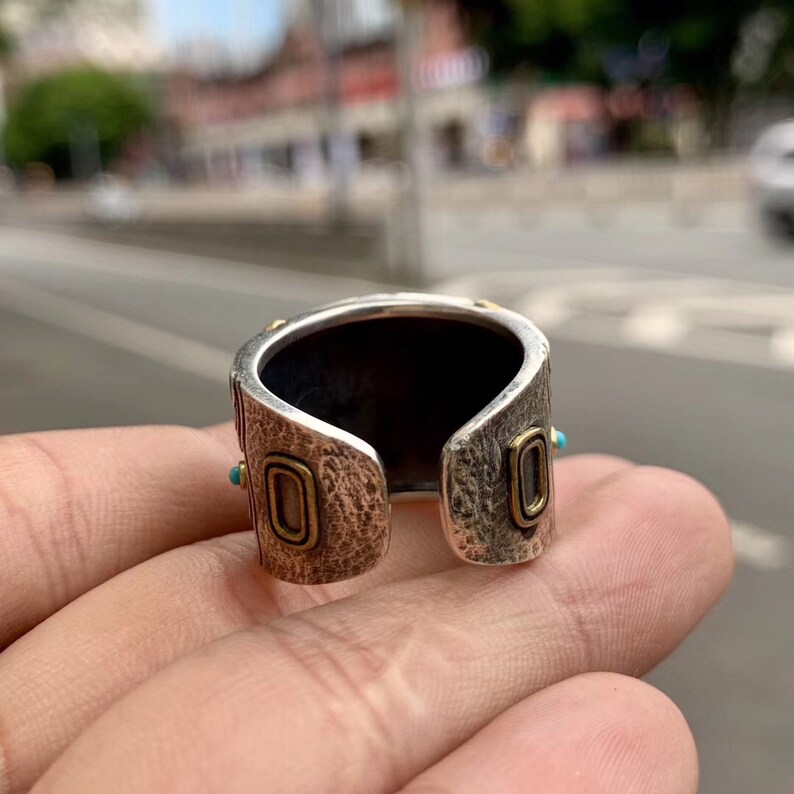 copper 925 silver protective ring feng shui dragon pattern taotie Arizona turquoise or agate called nan hong.