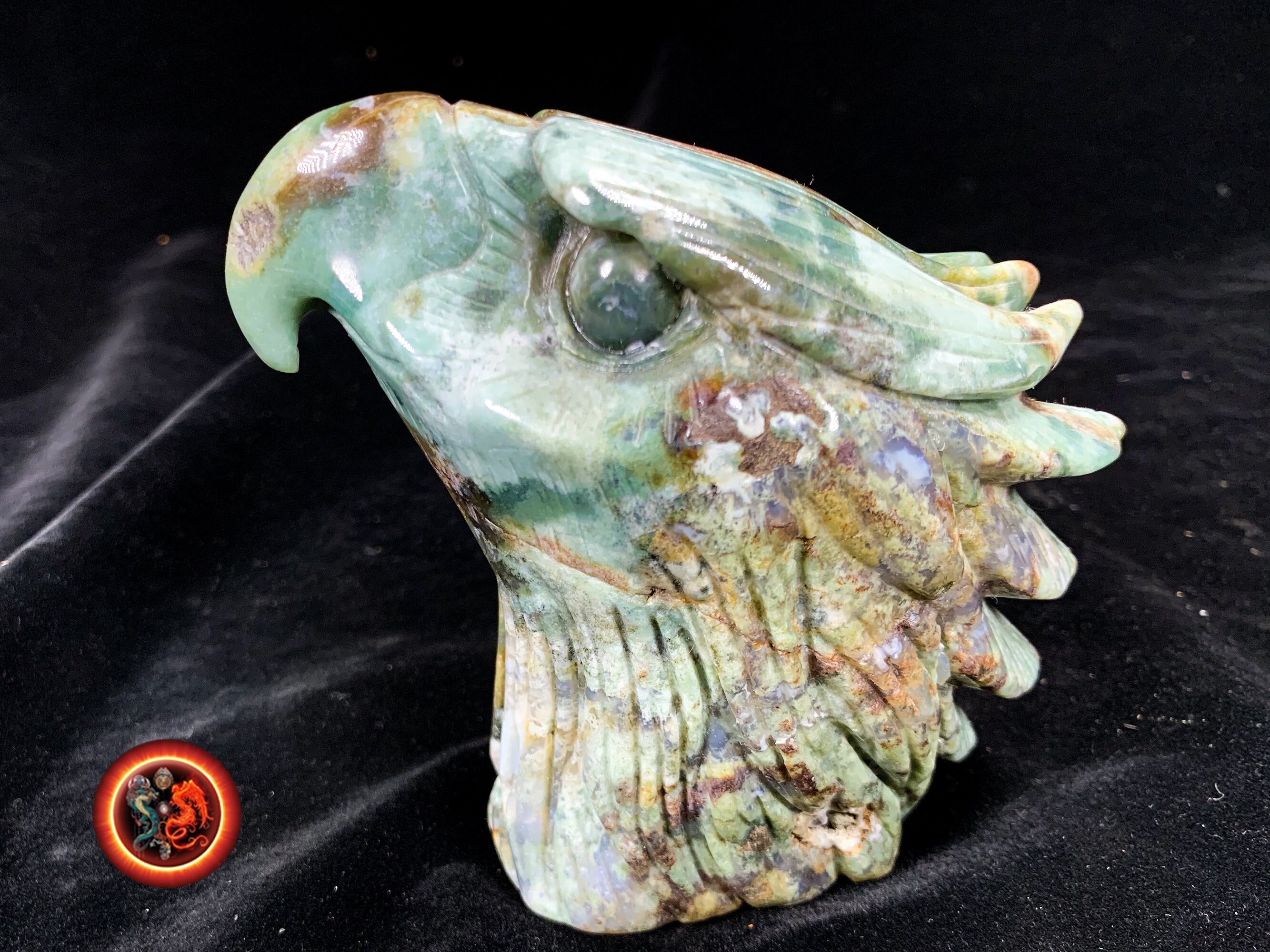 Grande Tete d'aigle Agate Mousse Sculpture Artisanale Entièrement Réalisé à La Main Pièce Unique Dim