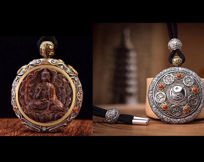 Buddhist protective pendant amulet Buddha Vairocana Silver aquilaria wood 925 copper agate nan hong ying yang on the back