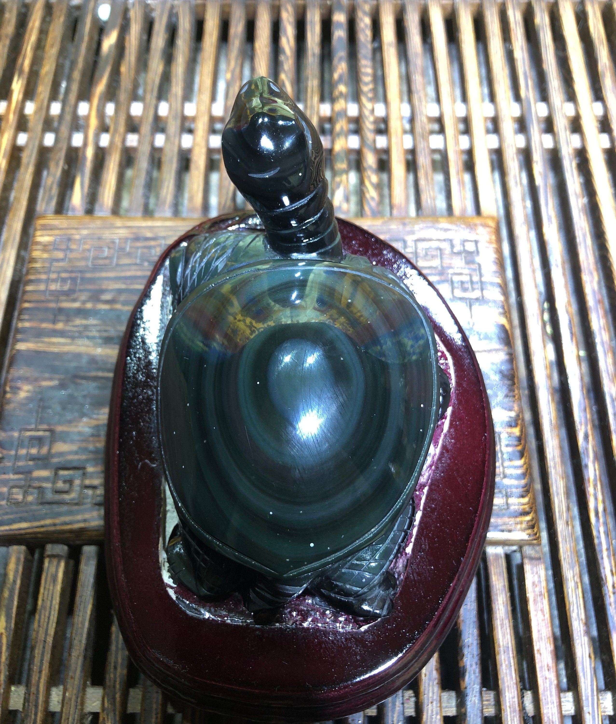 Sculpture, Tortue en Obsidienne Oeil Celeste. Statuette Feng Shui, Entièrement Faite à La Main. Pièc