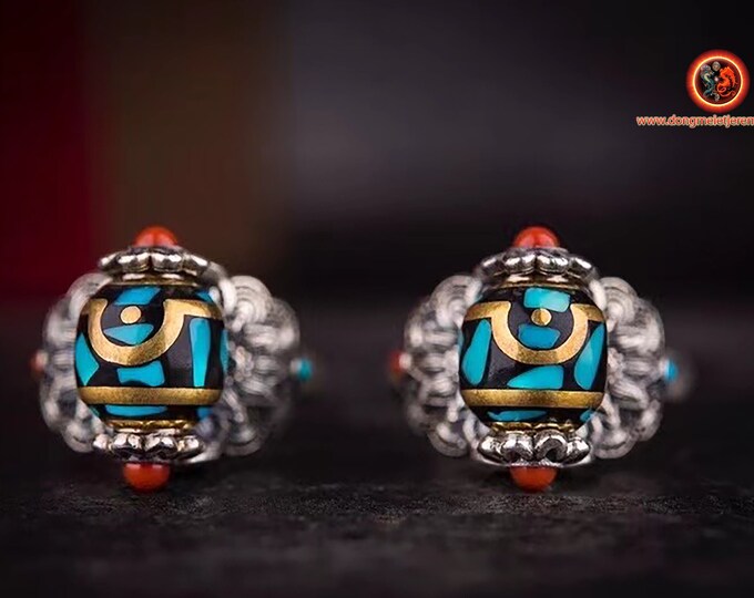 Tibetan Buddhist ring. DZI or sacred Celeste Tibetan Protective Stone Turning 2-EyeD DZI, Turquoise 925 Silver, Agate Nan Hong