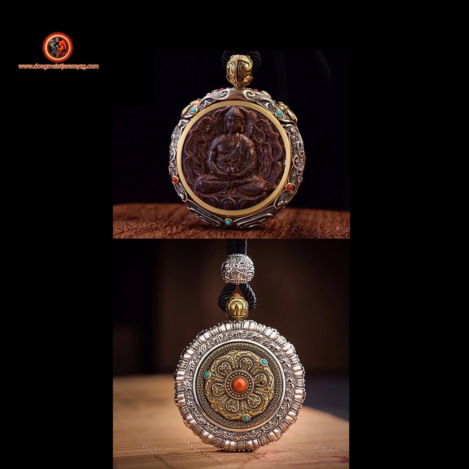 Amulette Pendentif de Protection Bouddhiste Bouddha Amitabha Bois d'aquilaria Argent 925 Cuivre Turq