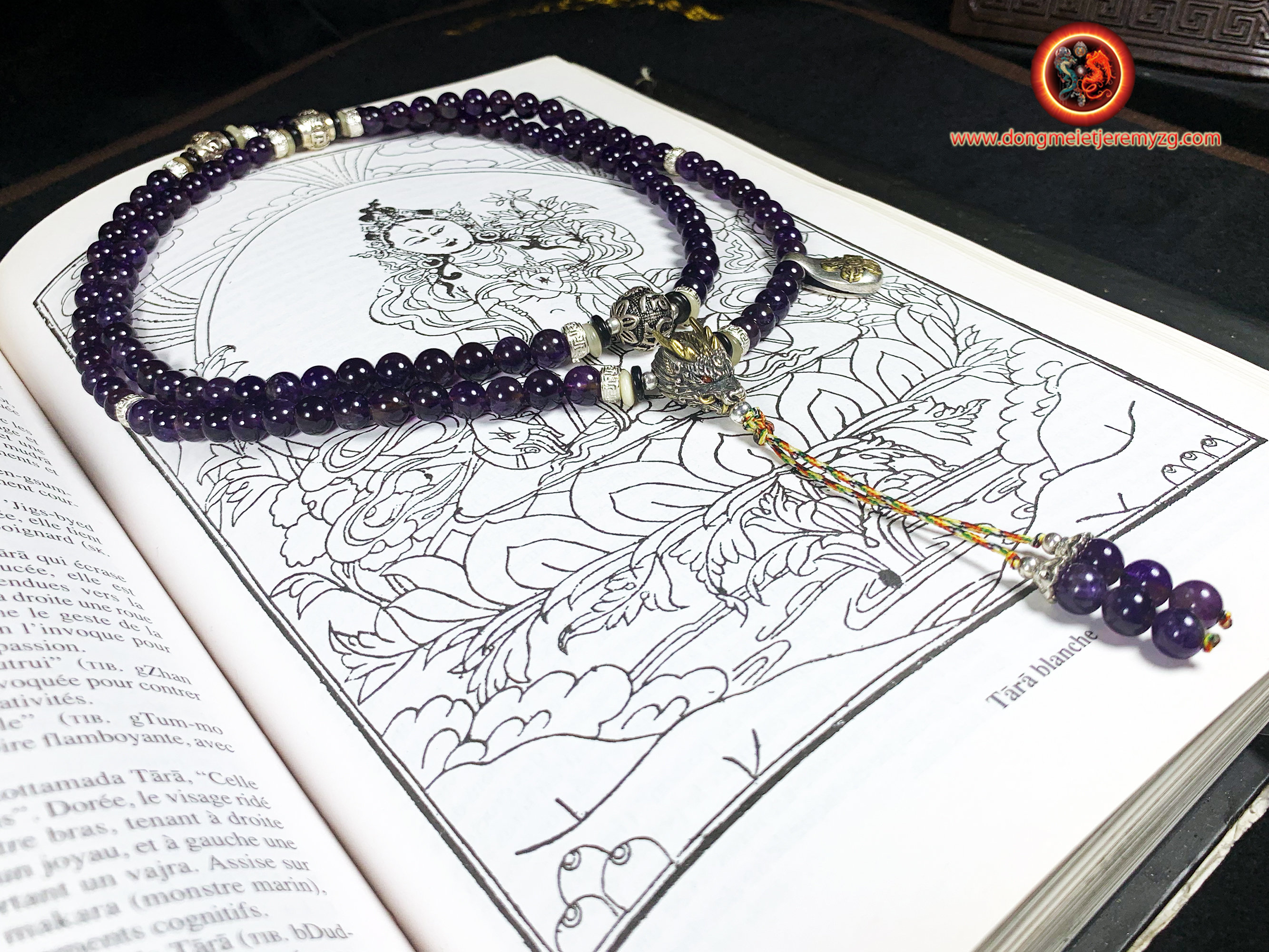 Mala, Chapelet, Méditation Bouddhiste. 108 Perles d'améthyste, Argent 925, Mantra de La Compassion O