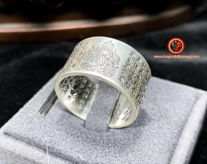 Buddhist Ring, Chenrezi Buddha Silver 925 Hallmarked Heart Sutra Inside and Outside ring Adjustable Open Ring