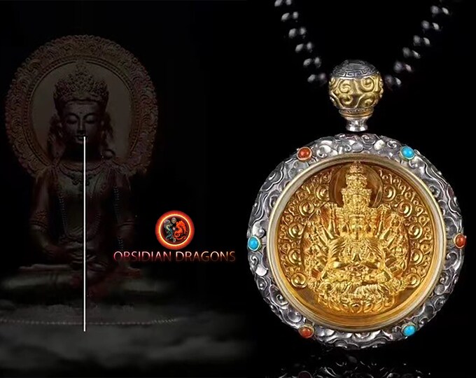 ghau, gau amulette bouddha bodhisattva Chenrezi,Guan Yin bouddhisme vajrayana tibetain. Argent 925, plaqué or 24K, deux tailles disponibles