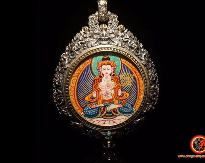 Amulet protection Tibetan Buddhism Mahasthamaprapta silver 925. thangka hand-painted wheel of buddhist life turning on the back
