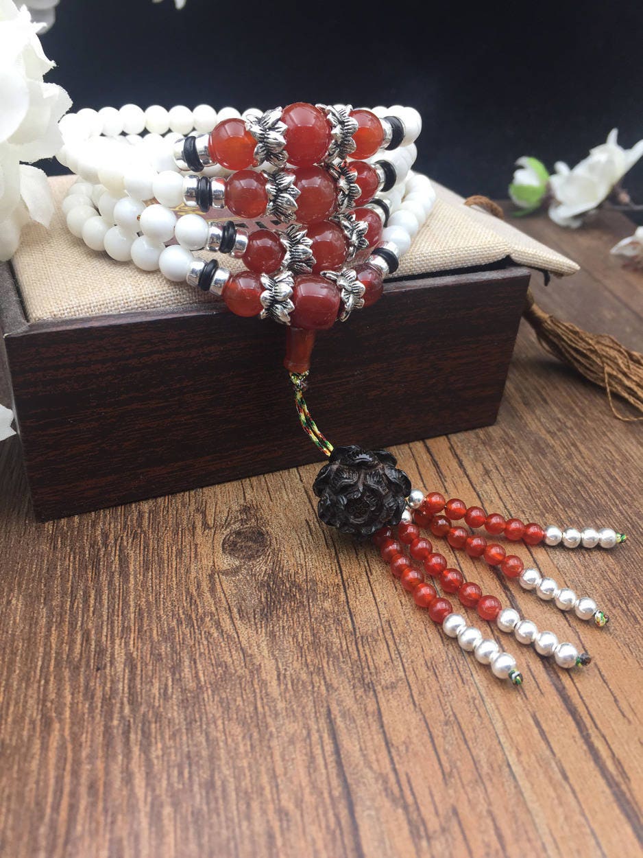 Mala en Nacre de Benitier Cornaline, Argent 925