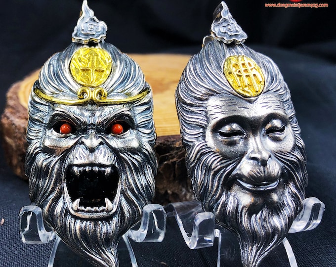 king monkey pendant "Sun Wu Kong" double-sided silver 925, bronze, Yunnan agate called nan hong (southern red)