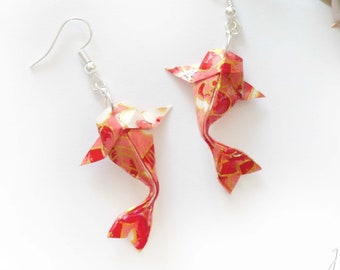 Earrings Origami carp Koi pink and red flowers
