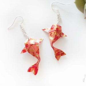 Earrings Origami carp Koi pink and red flowers