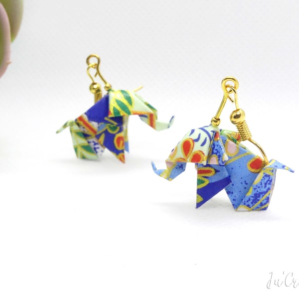 Boucle d'oreille Origami Elephants bleus