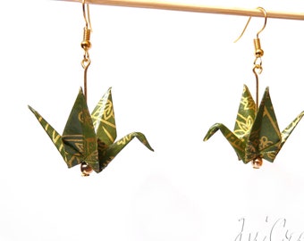 Origami khaki crane earrings with golden patterns