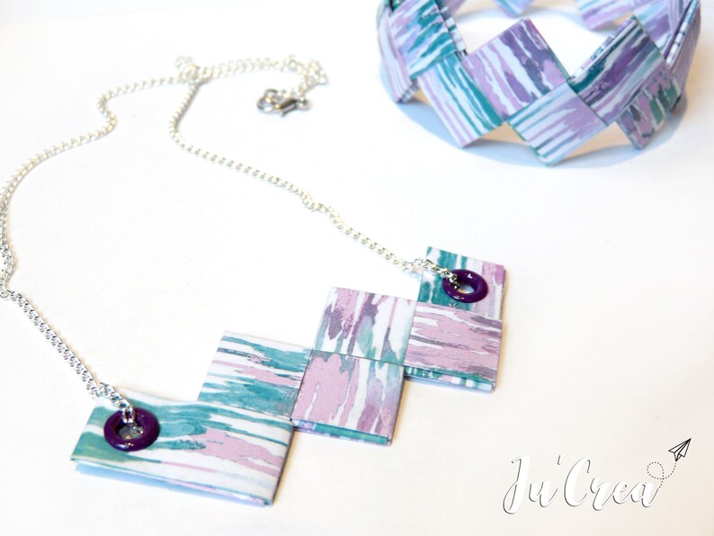 Set parure necklace and bracelet origami geometric purple tones