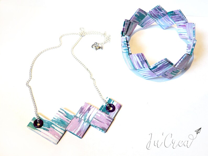 Set parure necklace and bracelet origami geometric purple tones
