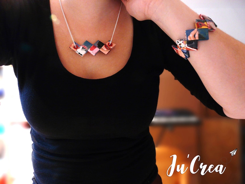 Set parure necklace and bracelet origami geometric purple tones