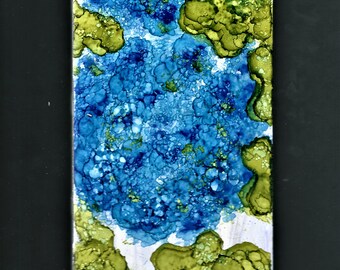 Blue Hydrangias Alcohol Ink on Tile 4-1/2 x 8 Flowers Wall Art