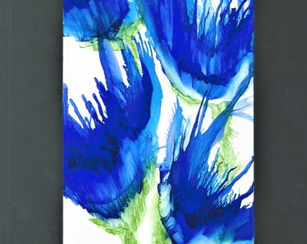 Blue Wild Flowers Alcohol Ink on Paper 8x10 matted frame ready wall art