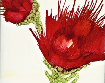 Brilliant Red Flowers Alcohol Ink on Tile,  Painting, Art, Wall Hanging