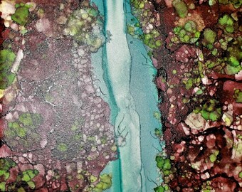The Waterfall, Alcohol ink Painting on Ceramic Tile Wall Art