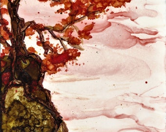 Bonsai in Fall, Alcohol Ink on Tile, wall hanging, art