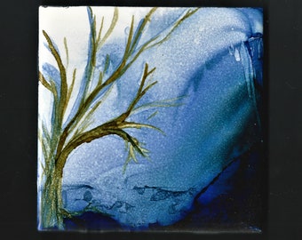 Lonely Tree in Winter Alcohol Ink on 8x10 Yupo Paper Landscape Matted Wall Art