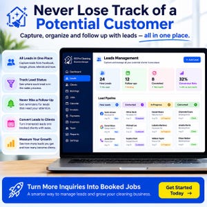 Puede incluir: Una pantalla de ordenador portátil que muestra la interfaz del software RS Pro Cleaning Business Manager, con un panel de gestión de clientes potenciales que incluye columnas para nuevos leads, contactados, en curso y clientes convertidos.