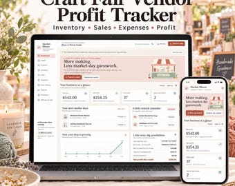 Pode incluir: Um computador portátil e um smartphone exibindo a interface do software BigPandaPixel Craft Fair Vendor Profit Tracker. O ecrã mostra painéis de controlo de negócios com dados de receitas, lucro líquido, unidades vendidas e eventos.
