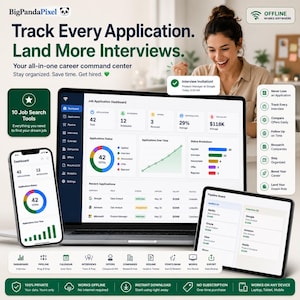 May include: A digital job application tracking software interface displayed on a laptop, smartphone, and tablet. The dashboard features charts, application status, and pipeline boards with text including Track Every Application, Land More Interviews.