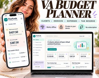 Pode incluir: Um planejador de orçamento digital para assistentes virtuais em um smartphone e laptop. A interface mostra a marca FlowFunds, rastreamento financeiro, faturas, despesas e reservas de impostos. Texto: ADHD-Friendly, Virtual Assistants, No subscription.