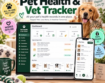 Pet Health & Vet Tracker | Pet Medical Record Organizer | Vaccination Medication Tracker | Multi Pet Care App | Offline Digital Planner