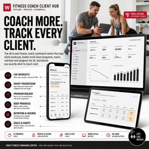 Puede incluir: Una interfaz de software para entrenadores de fitness mostrada en una computadora portátil, tableta y teléfono inteligente. La pantalla muestra registros de entrenamiento, gráficos de progreso y creadores de programas con texto como COACH MORE, TRACK EVERY CLIENT.