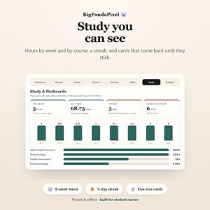 May include: A digital dashboard interface titled BigPandaPixel Study you can see, featuring study metrics, bar charts, and course progress bars for nursing students. It displays weekly hours, a 5-day streak, and card mastery data in a clean layout.