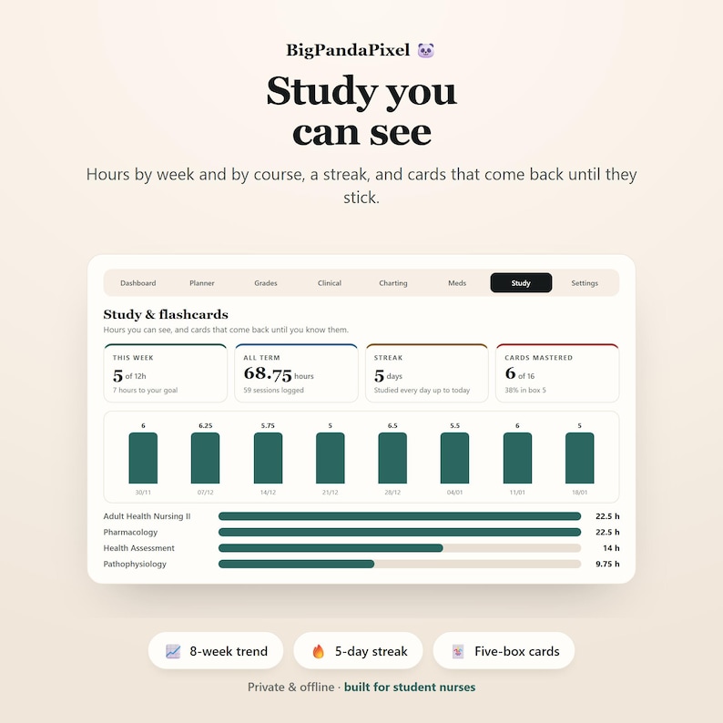 May include: A digital dashboard interface titled BigPandaPixel Study you can see, featuring study metrics, bar charts, and course progress bars for nursing students. It displays weekly hours, a 5-day streak, and card mastery data in a clean layout.