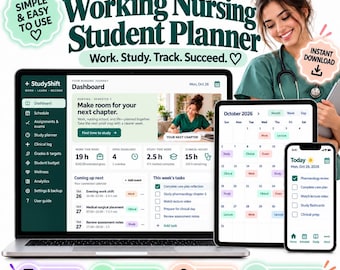 Pode incluir: Um planejador digital para estudantes de enfermagem exibido em um laptop, tablet e smartphone. A interface apresenta um painel com horários de estudo, registros clínicos e listas de tarefas. Texto inclui Working Nursing Student Planner e StudyShift.