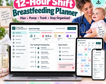Pode incluir: Um planejador digital de amamentação para turnos de 12 horas exibido em um laptop, tablet e smartphone. A interface apresenta um painel com rastreamento de sessões de extração, estoque de leite e uma agenda diária de amamentação.