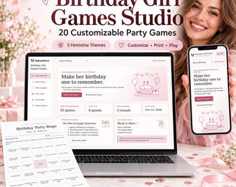 Pode incluir: Um conjunto de jogos digitais para festas intitulado Birthday Girl Games Studio com 20 jogos personalizáveis. O ecrã mostra uma interface de portátil e smartphone com tons rosa, uma folha de bingo e o texto Make her birthday one to remember.