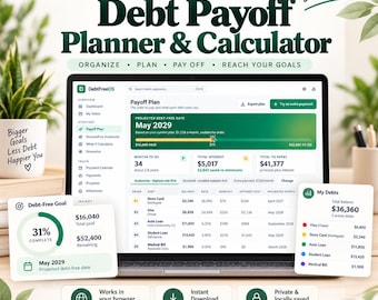 May include: A digital debt payoff planner and calculator displayed on a laptop screen. The interface shows a projected debt-free date of May 2029, a 31% completion progress bar, and a detailed table of debts including store cards and loans.