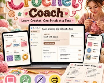Pode incluir: Uma plataforma digital de aprendizagem de crochê chamada Crochet Coach com um laptop, tablet e smartphone exibindo um painel, biblioteca de pontos e mini projetos, ao lado de uma folha de dicas impressa com abreviações e lembretes de pontos.