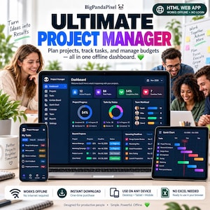 Könnte beinhalten: Ein digitales Projektmanagement-Dashboard auf einem Laptop, Smartphone und Tablet. Die Benutzeroberfläche im Dark Mode zeigt farbenfrohe Diagramme, Aufgabenlisten und Fortschrittsanzeigen. Der Text umfasst Ultimate Project Manager, Plan projects, track tasks, and manage budgets und HTML Web App.